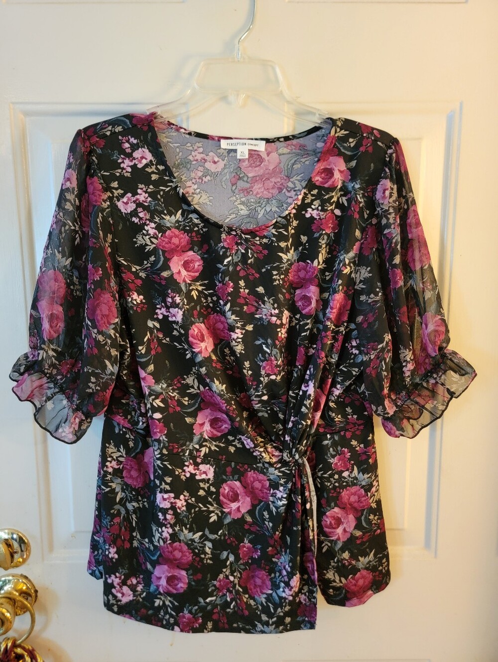 Perseption Concept Women’s Black Floral Tie-Front Blouse - Pink Rose Print